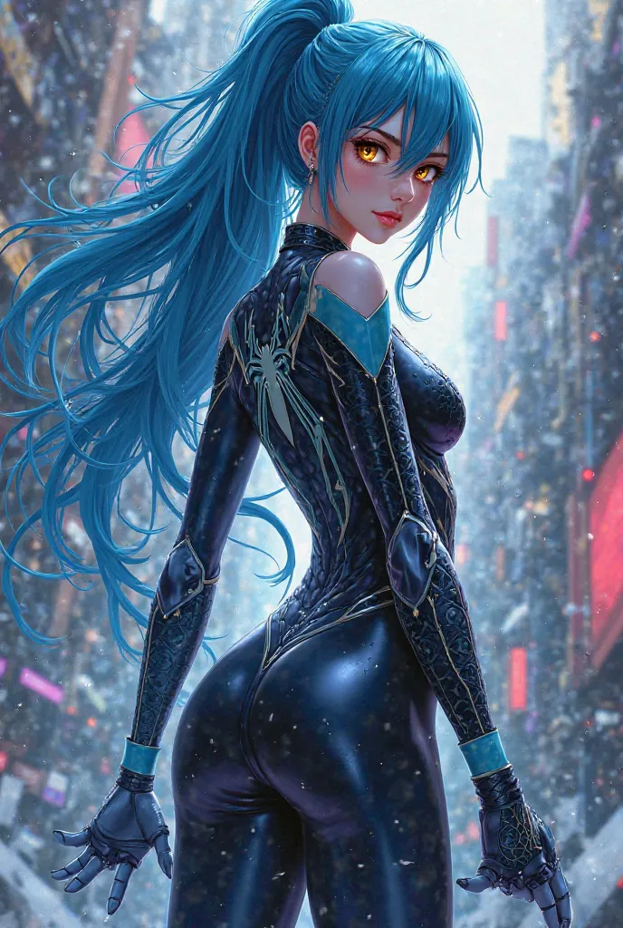 (artwork, maximum quality, best quality,  official art , beautiful and aesthetic:1.2) Anime Female Spiderman,  long blue hair , golden eyes, black and blue clothes, black and blue pants.
