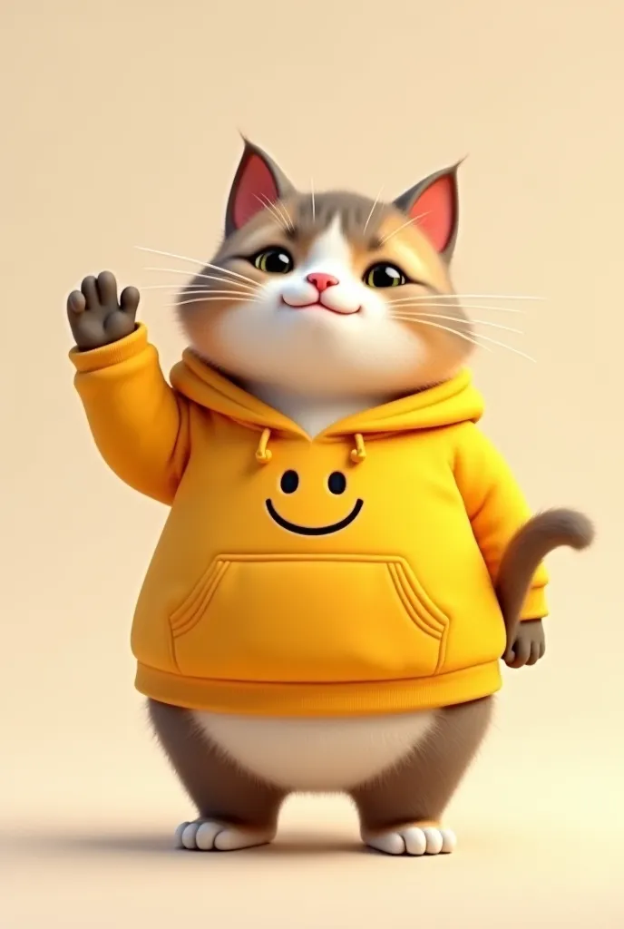 A lovely fat cat standing on his hind legs, wears a yellow hoodie with a smiley face on his back. He has a smooth coat, innocent face and raising one front leg as if waving hello.
