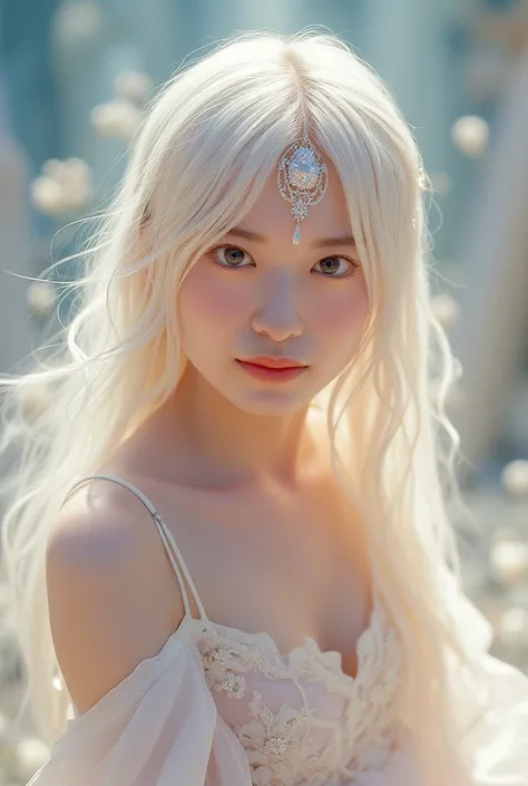 Focusing on very sexy ultra HD 8k milky white long legs、a very beautiful anime style goddess and showing her divine beauty anime style with crystal ornaments on a very beautiful face。