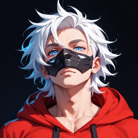 Genarate a male character waring a black mask and red hoodie ,black background, white colour hair, and with glowing blue eyes. 