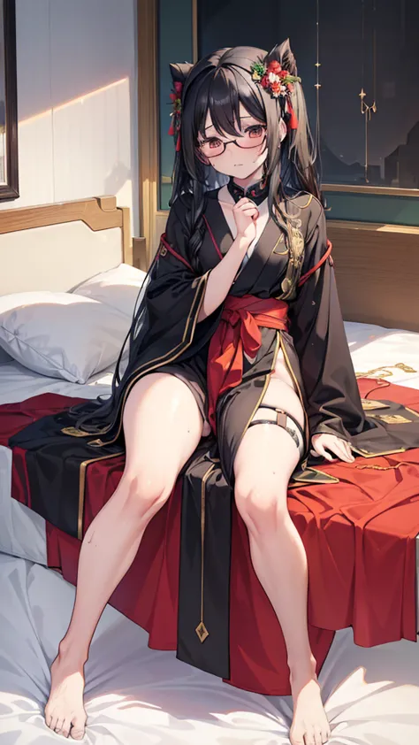 Anime style illustration: sister in a robe ,18 years old,  anime character , official character art, full body, женская аниме девушка сестра 18 years old, (black hair:1.5), (sunburnt:0.5), (Sweaty:1.2), glasses, on the bed, (cute posing :1.5), looks at vie...