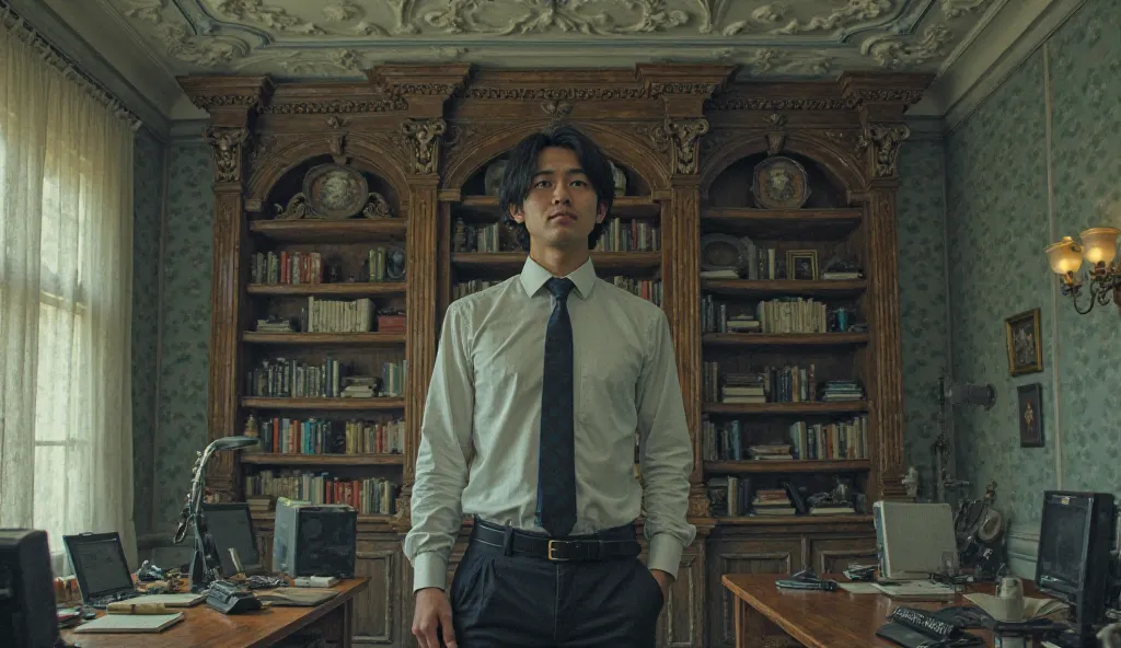 Man in a surreal office with bookcase in the background 