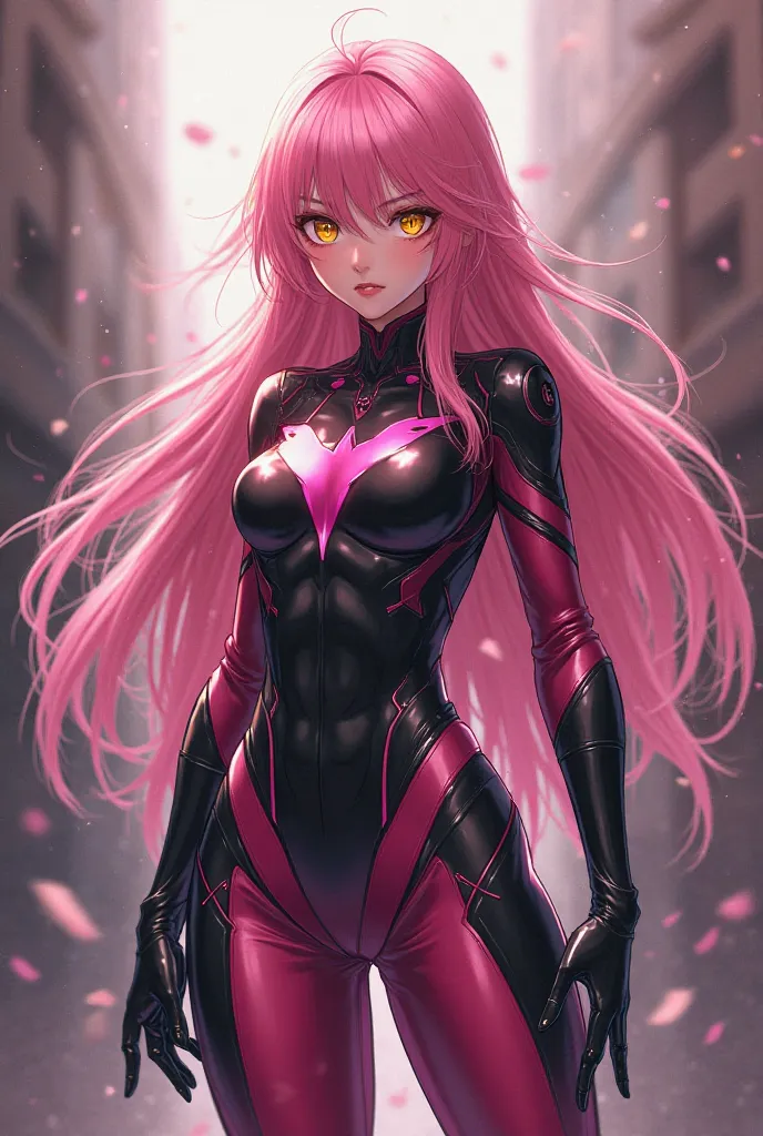 (artwork, maximum quality, best quality,  official art , beautiful and aesthetic:1.2) Anime Female Spiderman, long pink hair, golden eyes, black and pink clothes, black and pink pants.
