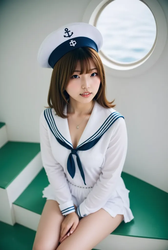 masterpiece, best quality, Cinematic photo, Japanese 18-year-old girl (short chestnut Hair, bangs reaching to her eyebrows, flat boobs), Complete Anatomy, Complete Hands, (naval white long sleeve sailor suit : 1.0) with an anchor-marked hat, white short pa...