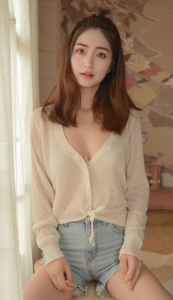 Korean woman in a casual style in a bright interior, (beige aviation jumper:1.3), (crop top white knit:1.2), ( blue shorts :1.4), (chest:1.5)moentize natural wavy hair, warm smile, Soft Lighting, stylish and modern background, (casual sensibility:1.5), ( W...