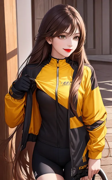 woman , long hair brown, normal, dark, she is solo, from alternative world ,best quality, realistic, cycling (full dark yellow color) suit and cycling sports black shorts, she is stand , smile, red lipstick , 