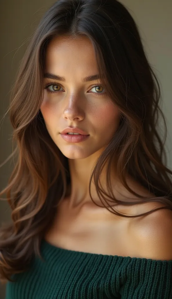 A highly realistic portrait of a young woman with deep brown, straight, silky hair that cascades over her shoulders. She has light olive skin and piercing hazel eyes that are slightly narrowed, giving her an enigmatic, almost mysterious expression. Her lip...