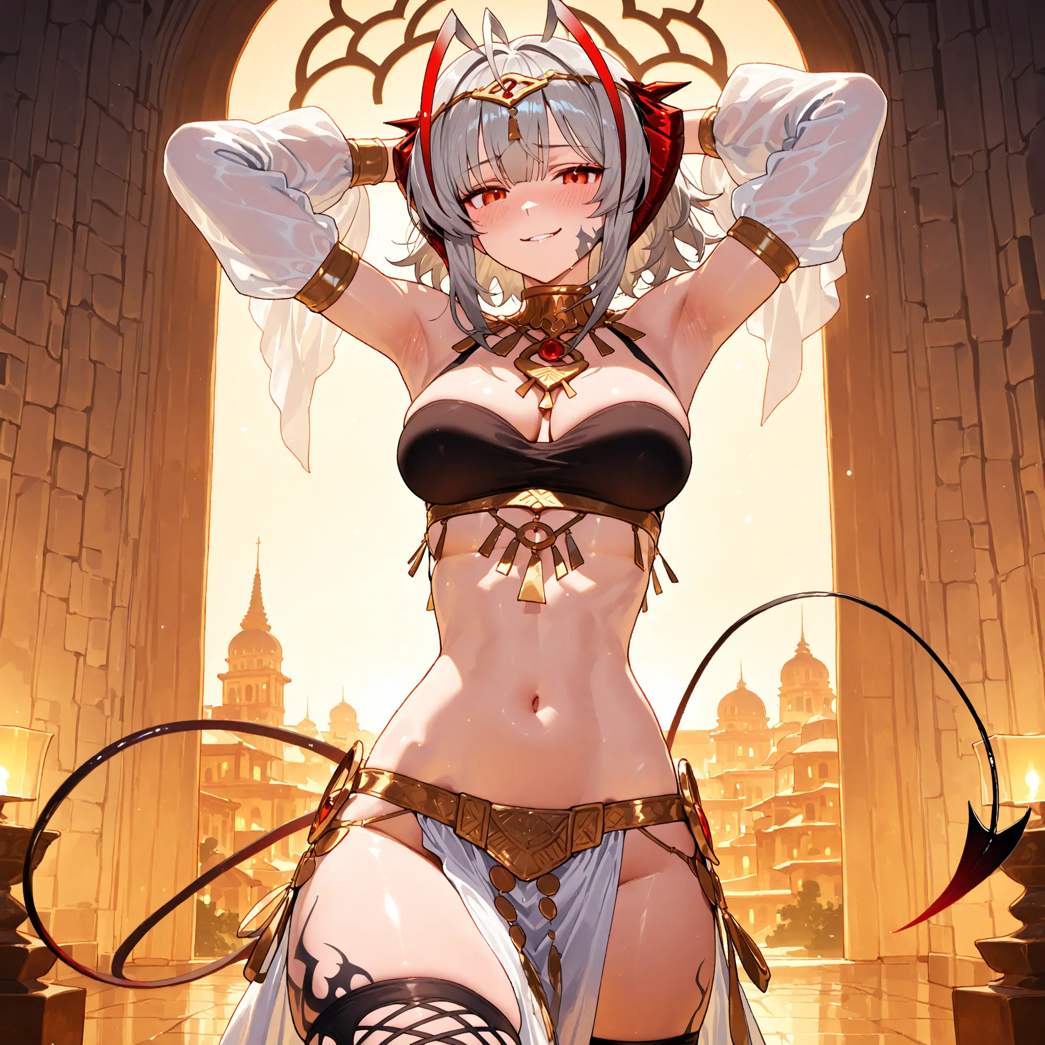 {{super detail, best quality, anatomically correct, textured skin, high quality, high details, highres, masterpiece, best quality}}, solo, 1girl, wdef, demon tail, smirk, short hair, multicolored hair, grey hair, red hair, ahoge, antenna hair, demon horns,...