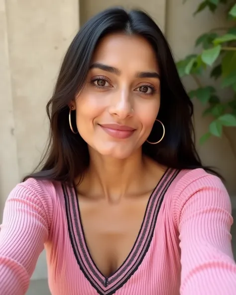 A  pakistani woman of medium skin tone and appears to be in her 30s. She is wearing a pink, V-neck, ribbed knit top with black horizontal stripes along the neckline.  She is wearing gold hoop earrings.  she has long straight black hair. Her expression is n...