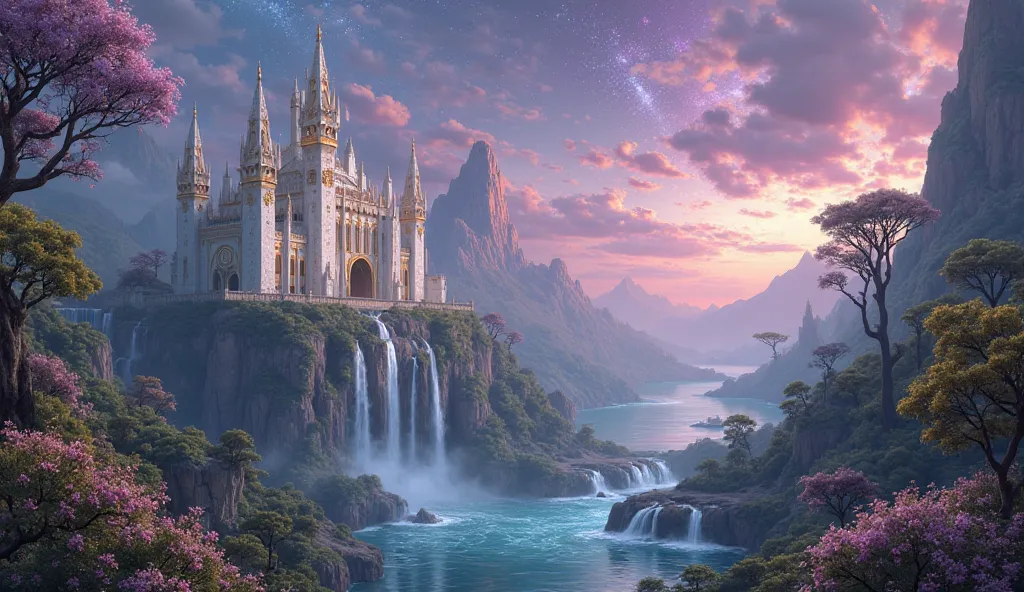 Here’s a detailed prompt for generating your fantasy fortress paradise landscape:

"A breathtaking fantasy fortress paradise set in a lush, mystical landscape. The fortress is massive, built of gleaming white stone with towering spires, intricate golden in...