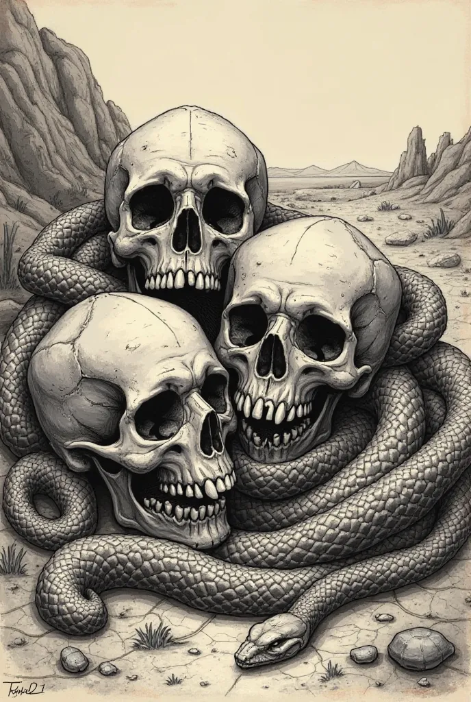 Frame Old West style drawing of skulls and snakes 