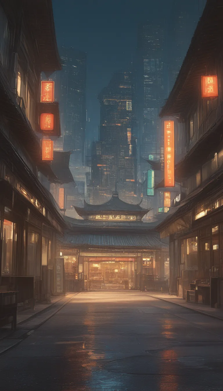 Cyberpunk city from a science fiction movie,  Empty Streets , night, Chinese architecture, Old store, Irregular, Circuit Board, ,  complicated,  Super Fine , Realistic, hyper Realistic, High quality,  best ,  Super Fine ,  Crazy Details , Very detailed, Ph...