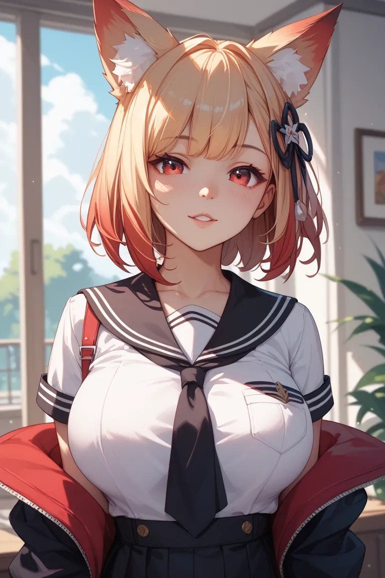  blond hair、Red Eyes、 fox ears、one girl、cute、high quality、High Resolution、masterpiece、slightly larger breasts、Medium Hair、All black sailor suit、