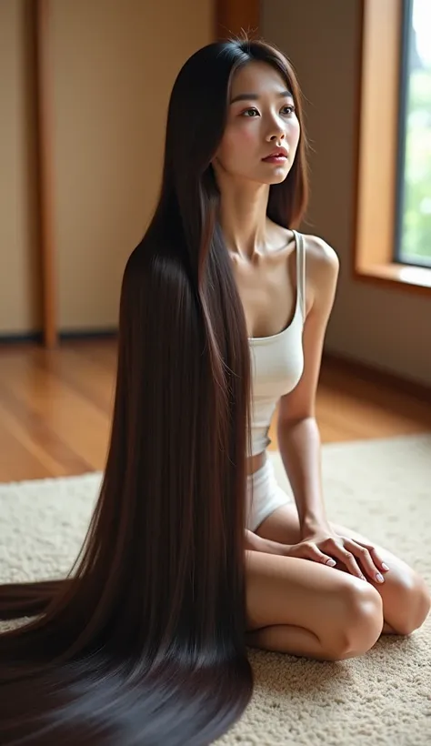 Prompt:
“A hyper-realistic, high-resolution photograph of a beautiful Japanese woman with extremely long, silky dark brown hair flowing onto the floor. She is sitting gracefully on a soft, beige carpet in a modern, minimalist Japanese-style room with woode...