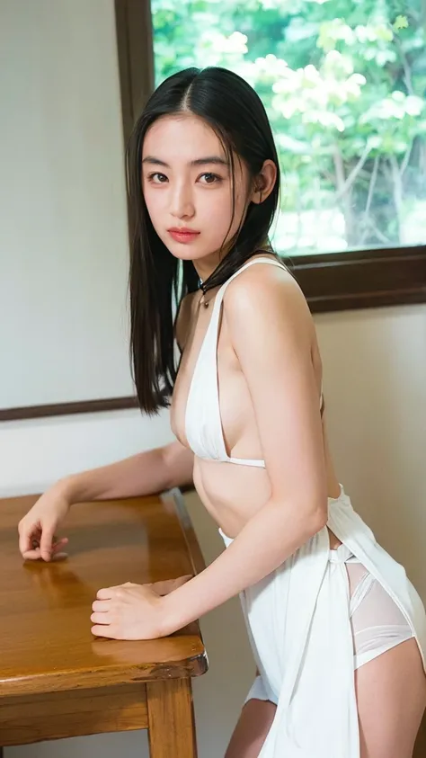  A picture of a cute naked Japanese woman  ,  20 years old,   one length hair＆ hair straightening balm:1.55, (photo realistic:1.4), ( Buttocks can be seen at an angle from the bottom of the front 、 genitals are visible :1.4), (The penis is inserted into th...