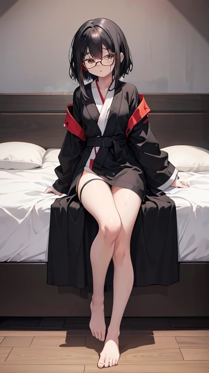 Anime style illustration: sister in a robe ,18 years old,  anime character , official character art, full body, женская аниме девушка сестра 18 years old, (black hair:1.5), (sunburnt:0.5), (Sweaty:1.2), glasses, on the bed, (cute posing :1.5), looks at vie...