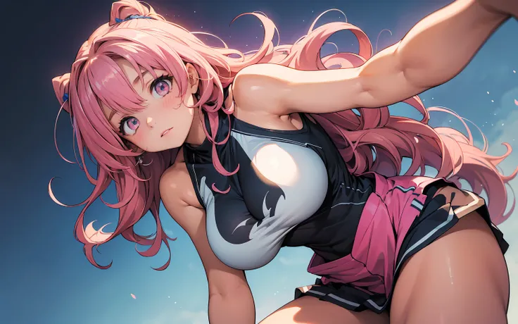 (best quality), masterpiece, extremely detailed CG uniform 8K illustration, high color, extremely high color saturation, all colors deepened, center composition, 1 girl, extremely detailed face and eyes, long wavy messy pink hair, tight sleeveless halter s...