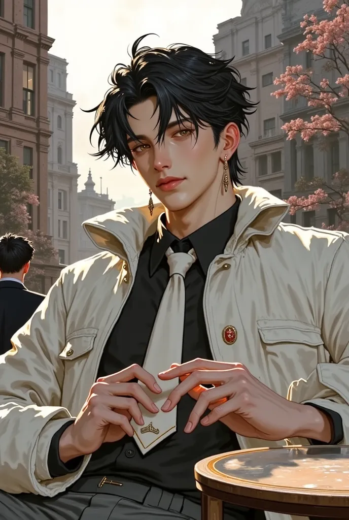 (masterpiece), (best quality), 1man, solo, male, middle part hair, black hair, dreamy eyes, smiles, (strong, well-defined, chiseled jawline), (prominent, slightly pointed chin), muscular, modern student, modern uniform, arrogant, confident, playful, positi...