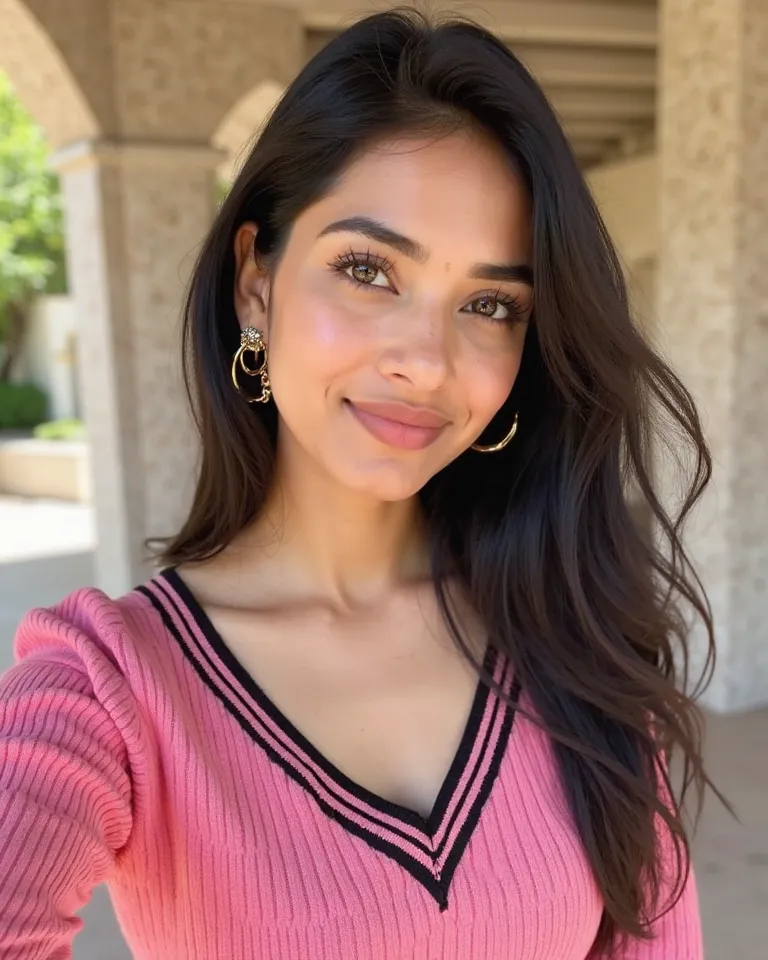 A  pakistani woman of medium skin tone and appears to be in her 30s. She is wearing a pink, V-neck, ribbed knit top with black horizontal stripes along the neckline.  She is wearing gold hoop earrings.  she has long straight black hair. Her expression is n...