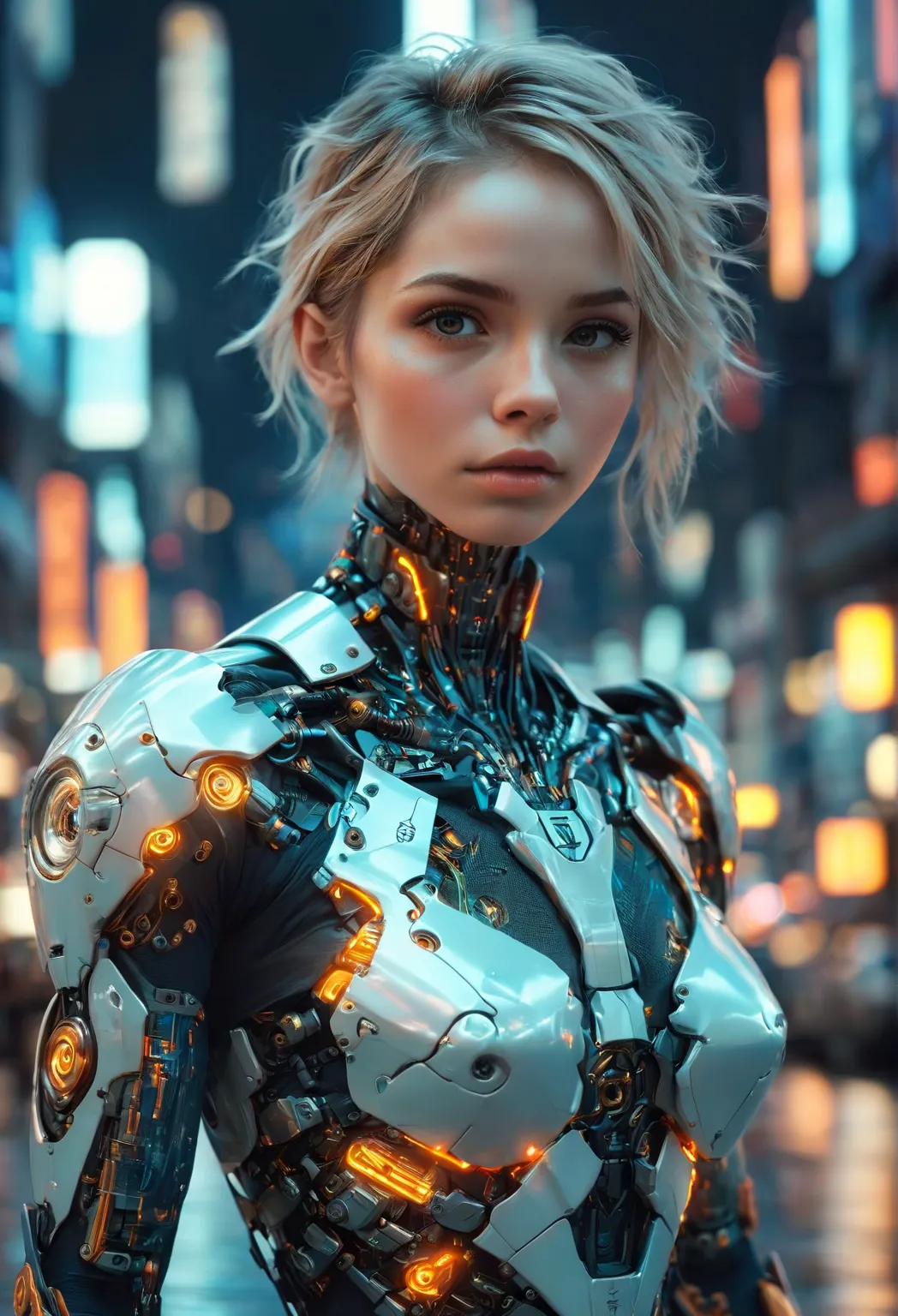 Detailed cyberpunk portrait (person see), futuristic neon reflective clothing, science fiction,  robot parts , incredibly detailed photography x} Ismail Inceoglu Dragan Bibin Hans Thoma Greg Rutkowski Alexandros Pyromallis Nekro Rene Margitte illustrated, ...