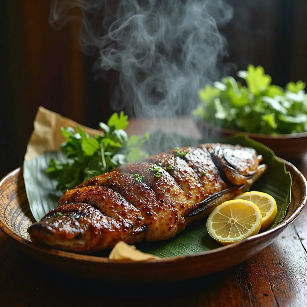 A traditional Vietnamese cá lóc nướng trui (grilled snakehead fish) wrapped in banana leaves, served with fresh herbs and rice paper. The smoky aroma rises as steam escapes from the perfectly charred fish