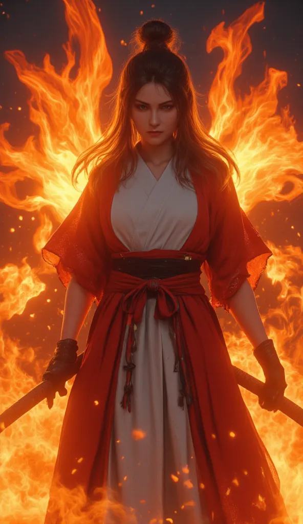 Live Wallpaper 4K High Definition, Long Haired Girl With Fire, His Body Is Flames, He Stands In Front Of The Fire, Samurai Warrior Guardian In Red And White Kimono, Realistic Human, CG Animation, Mana, Indian Warrior, Unreal Engine, High Performance, Scary...