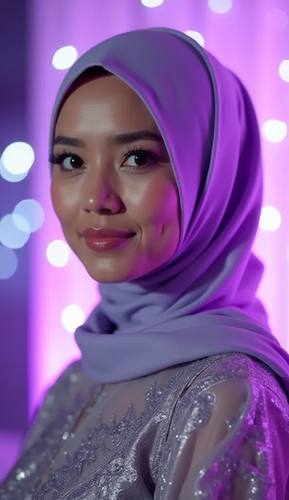 A close-up portrait of a woman wearing a hijab and a formal outfit. The hijab is a soft, silky lavender or light purple, elegantly draped around her head and neck. The outfit appears to be a textured, shimmering fabric in shades of silver and grey, possibl...