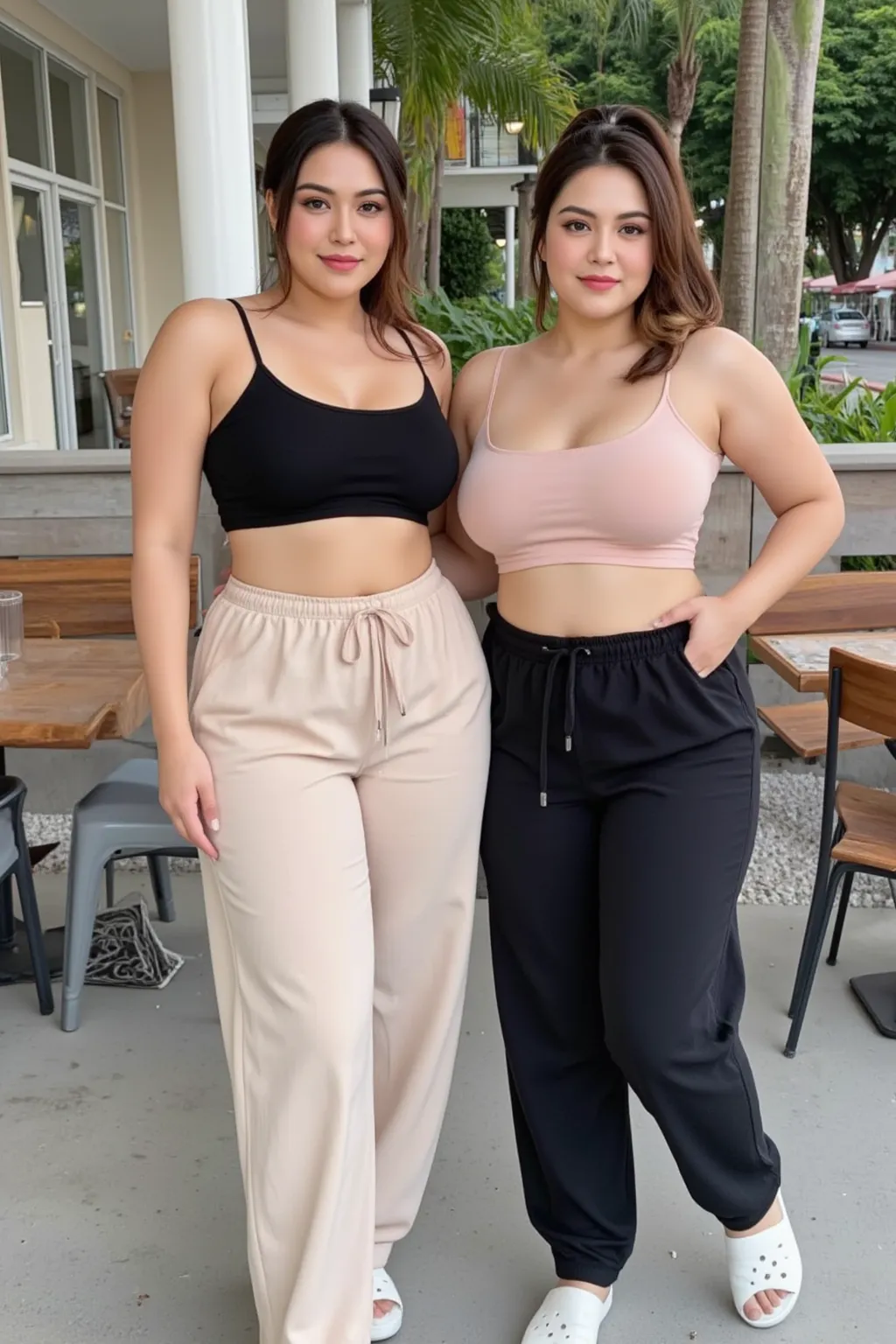 Standing outdoors in a relaxed pose two stunningly shy curvy women are smiling secretly, their outfits perfectly complementing their voluptuous figures. With thick thighs, rounded hips, and sculpted waists, their presence is captivating. The blend of delic...