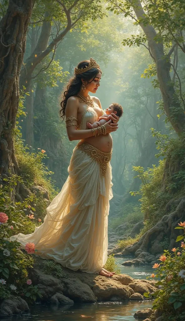 Extremely beautiful and seductive ancient hindu queen with big breasts giving birth to a baby in a forest, hyper realistic,a sage is watching he