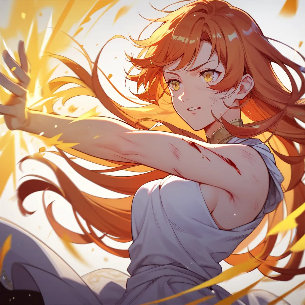 1girl, cute, pretty, orange hair, long hair, bangs, yellow eyes, greek dress, blood in her body, injured, wound, fighting with magic and yellow aura, manhwa