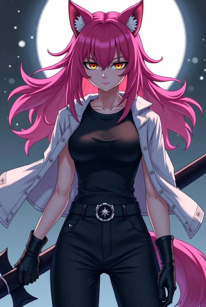 (top quality,   official art , full body t-shirt, beautiful and aesthetic:1.2)  a werewolf girl anime, Fair skin, pink hair, golden eyes, white jacket, black t-shirt,  black pants, serious and cold expression, brandishing a heavy sword .
