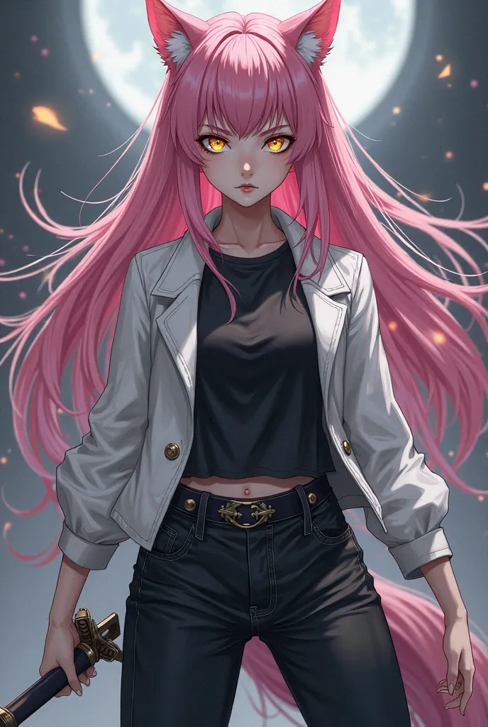 (top quality,  official art , full body t-shirt, beautiful and aesthetic:1.2)  a werewolf girl anime, Fair skin, pink hair, golden eyes, white jacket, black t-shirt,  black pants, serious and cold expression, brandishing a heavy sword .
