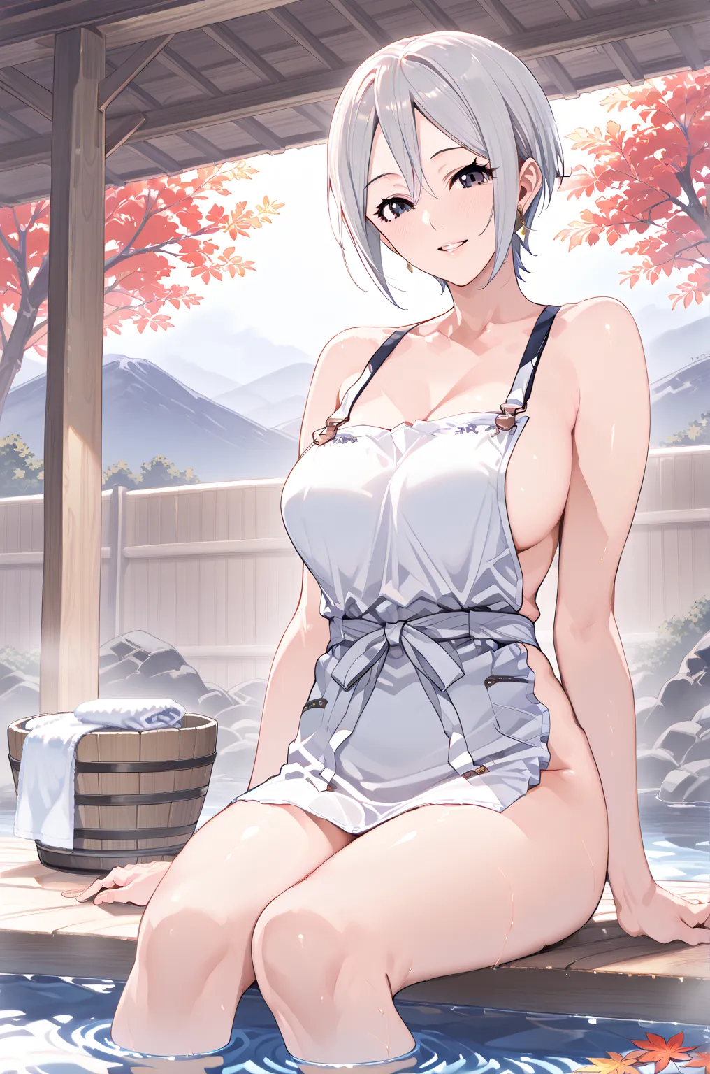 (syuko shiomi),(Masterpiece, Top Quality, Super Detail: 1.5), Super High Resolution, Very Beautiful, 8k, Anatomically Correct, Precise, One Woman, Solo, Sexy Adult Woman, MILF, Breasts, Gray Short Cut Hair, Bangs Between Eyes, Shiny Hair Texture, Black Eye...