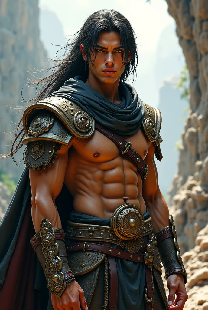 24 years old, Male, tan/dark skin, golden yellow eyes, average Muscular, Long dark black hair ,fantasy warrior aesthetic outfit