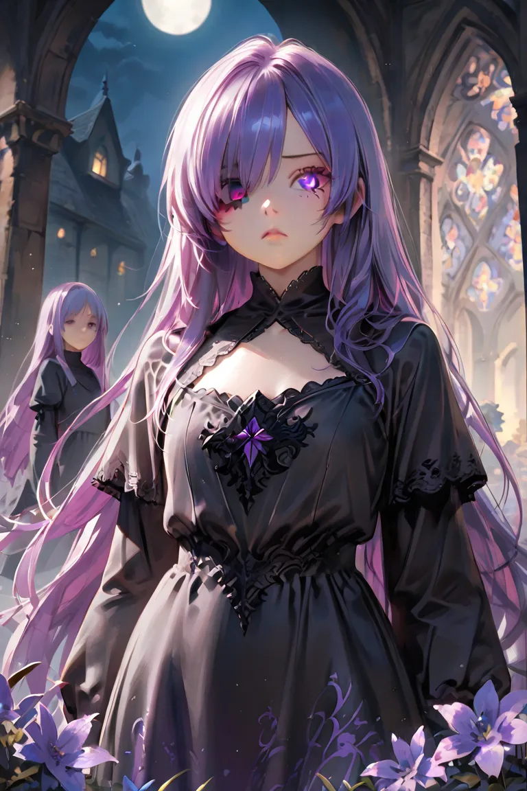 masterpiece, best quality, Detailed Eyes, girl, fantasy, very long purple hair, two color eye, white left eye, purple right eye, cute, small, sister, semi realistic, 8k, black blouse dress with purple secondary color, night medieval flower garden, solo cha...