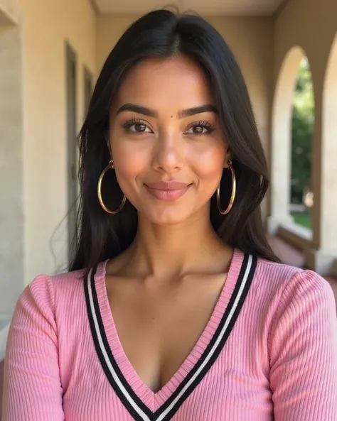 A  pakistani woman of medium skin tone and appears to be in her 30s. She is wearing a pink, V-neck, ribbed knit top with black horizontal stripes along the neckline.  She is wearing gold hoop earrings.  she has long straight black hair. Her expression is n...