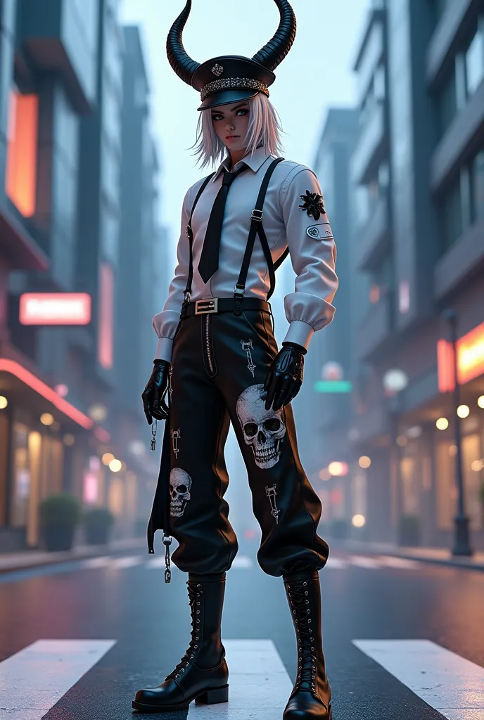 A highly detailed and stylish male character rendered in 3D in a futuristic urban environment. The character has an edgy, gothic aesthetic, with long, shoulder-length silver-white hair, sharp teeth, and a mischievous smile. He wears a black military-style ...