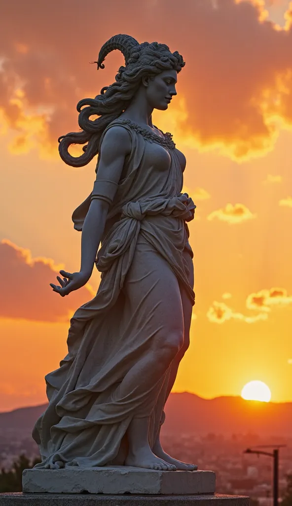 A towering statue of Medusa in an ancient Greek city, depicting her not as a monster, but as a misunderstood figure of sorrow and strength. The stone sculpture stands against a fiery sunset, immortalizing her tragic story. Shot with Sony Alpha a9 II and So...