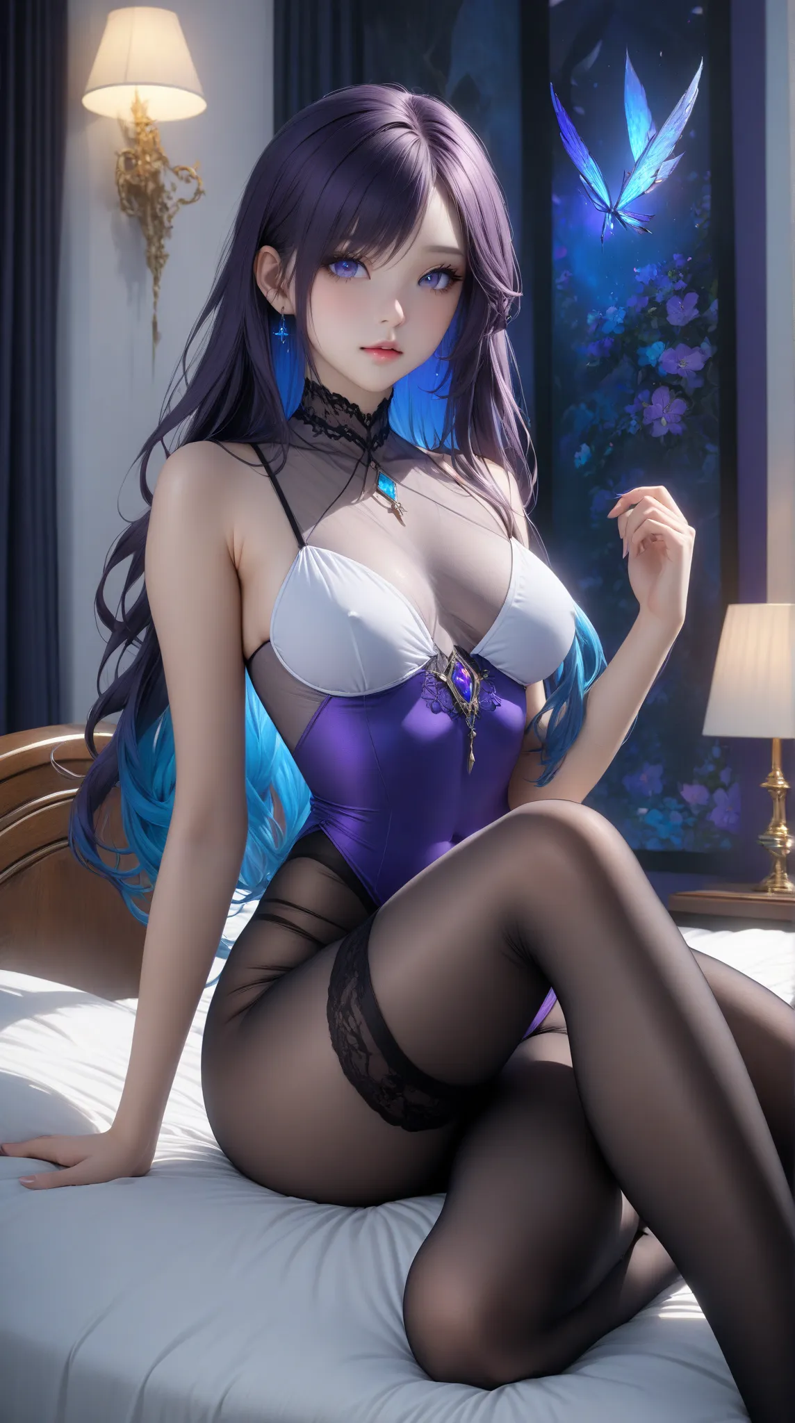 1girl, Aeonis Veydris, very long smooth straight dark purple hair with inner blue gradient hair, majestic gradient eyes, aesthetic toned body, beautiful perfect face, sitting in a room on bed wearing see through stocking, masterpiece, aesthetic, Super Deta...