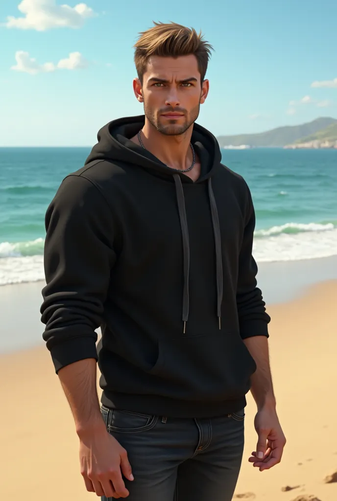 Young sexy man,  Light brown short hair , dark brown eyes,  standing on a beach. In a black hoodie and black jeans. A bit more muscular.  dominant look.
