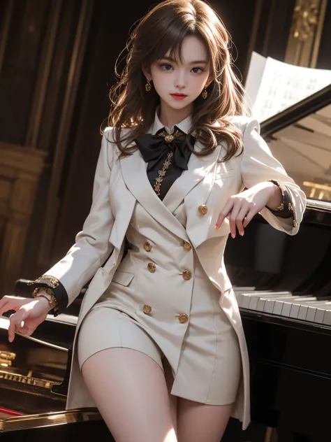 (  Premium ,  very detailed,  super resolution, 8k image),  WHITE TONE ,  good, brown curly hair ,elegant tailcoat dress, ( Saggy :1.5),  beautiful thighs, Concert Hall , Playing the piano