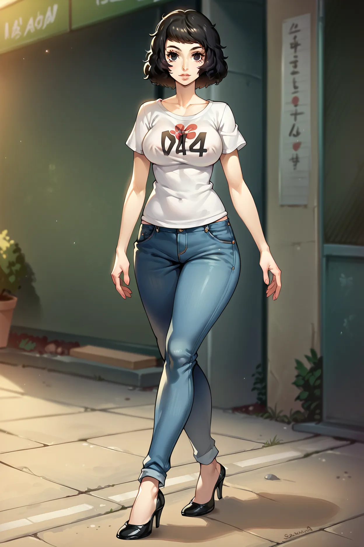 1 girl, solo, Sadayo Kawakami, black hair, black eyes, short hair, large breasts, full body, jeans, loose t shirt, walking, looking at viewer, black heels