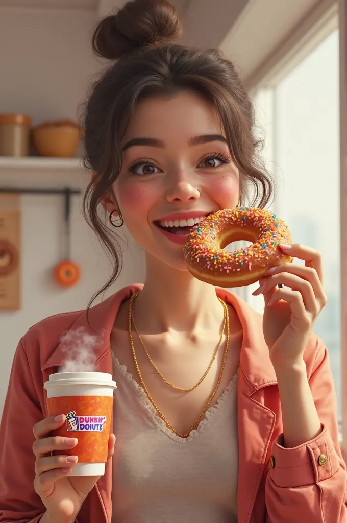 Create an image of a woman eating donuts with one hand and holding a Dunkin Donut coffee with the other for an advertisement