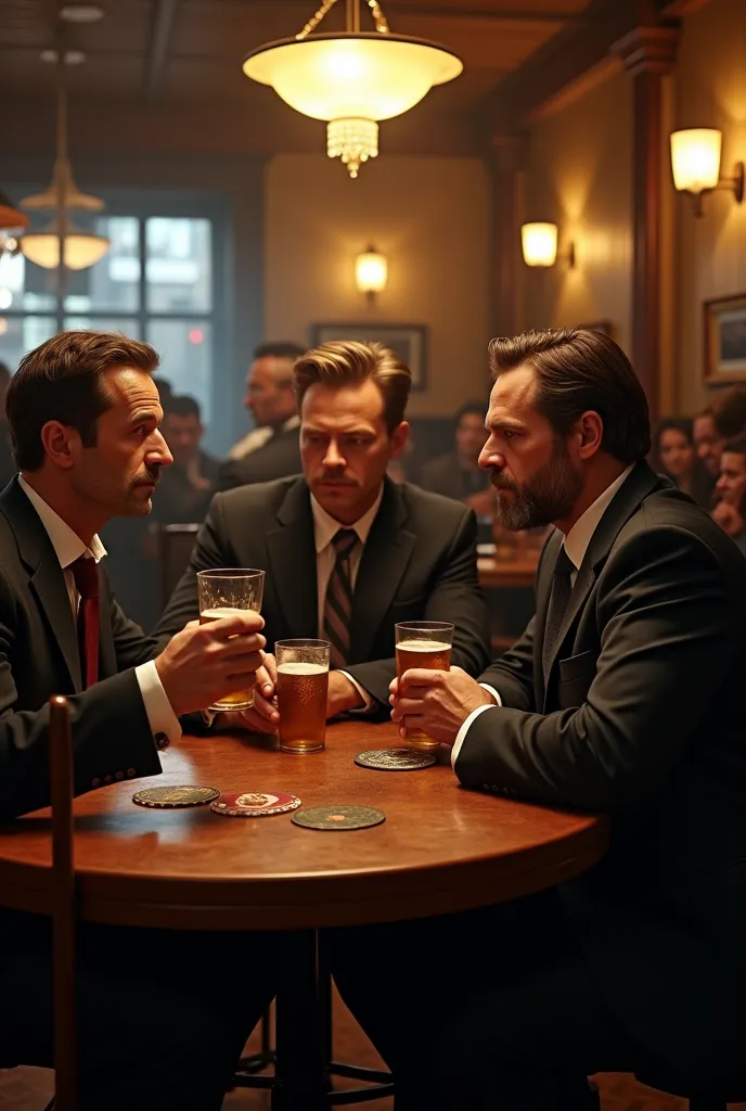 An image in a bar like a pub in the USA, o Dr House, o Walter White de Breaking Bad, And Harvey Specter having a beer