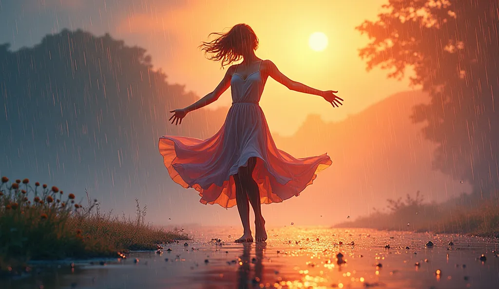 orange and blue artwork featuring a female silhouette dancing in the rain