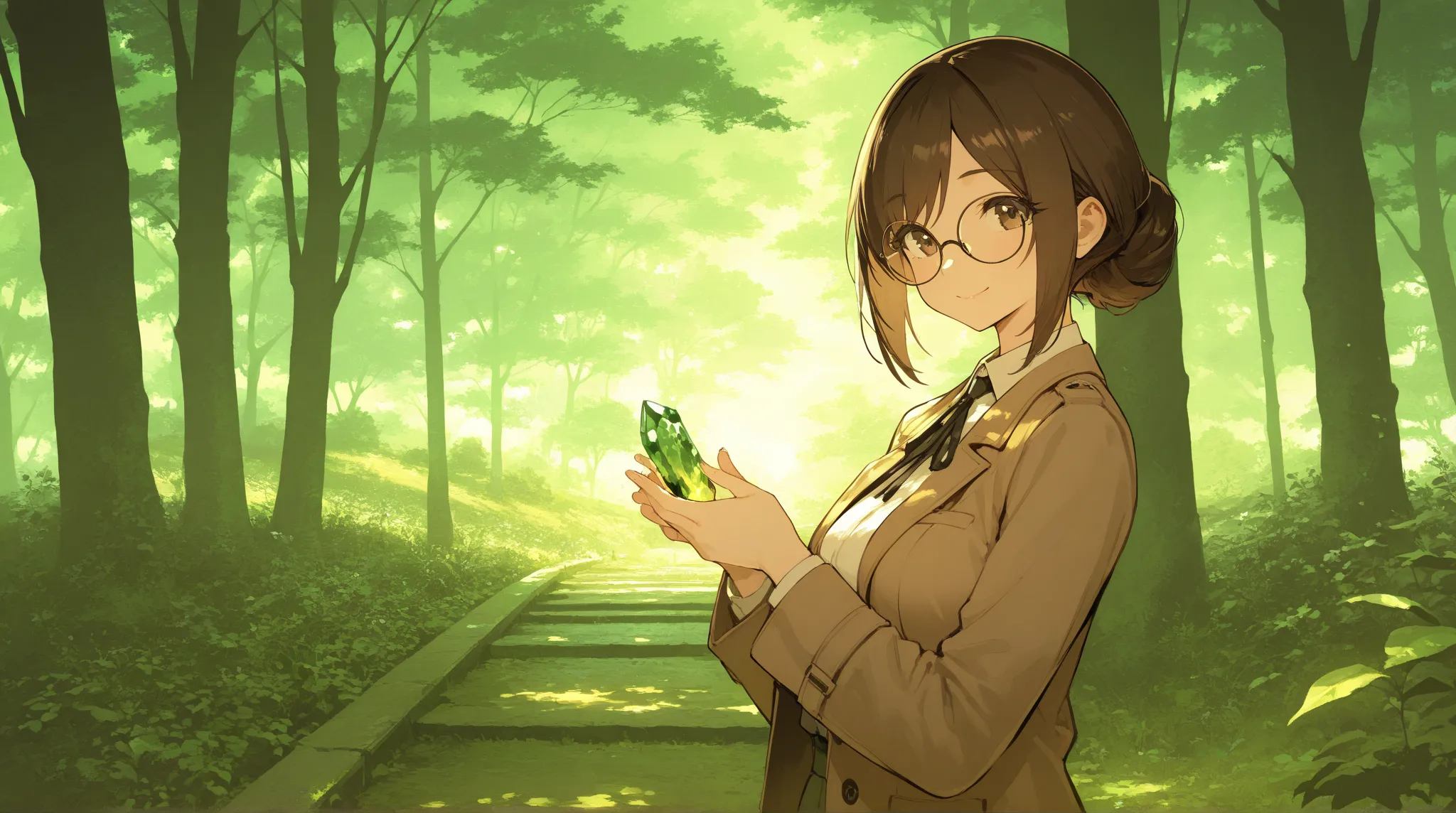 (masterpiece, amazing quality, illustration, very awa, newest, absurdres) BREAK,
1girl, brown hair, smile, round glasses with thin rim BREAK,
volumetric natural lighting, scenery, cinematic