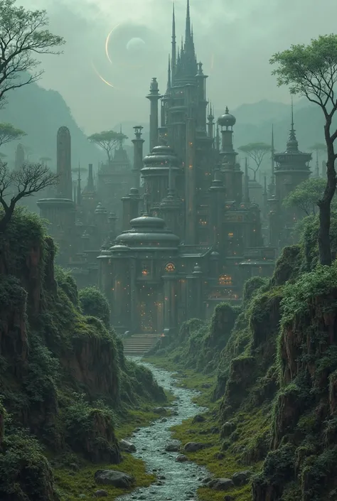 Generate image of small mysterius town which js very futuristic but also foggy surrrounded by swamps and trees and comtaining some medivial components