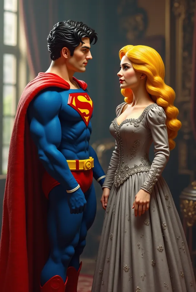 Superman y Batman en arte de lego, nochecreate the image for the cover of a Victorian-era historical romance novel, where there is a beautiful blonde woman, dressed in men's clothes and next to her is a handsome gentleman, who is an elegant duke and looks ...