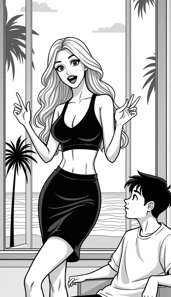 Create a black and white illustration featuring a woman with long, wavy hair wearing a black midriff top and a black skirt, playfully gesturing with one hand. Beside her is a figure with a man appearance, seated and gazing up at her. The background depicts...