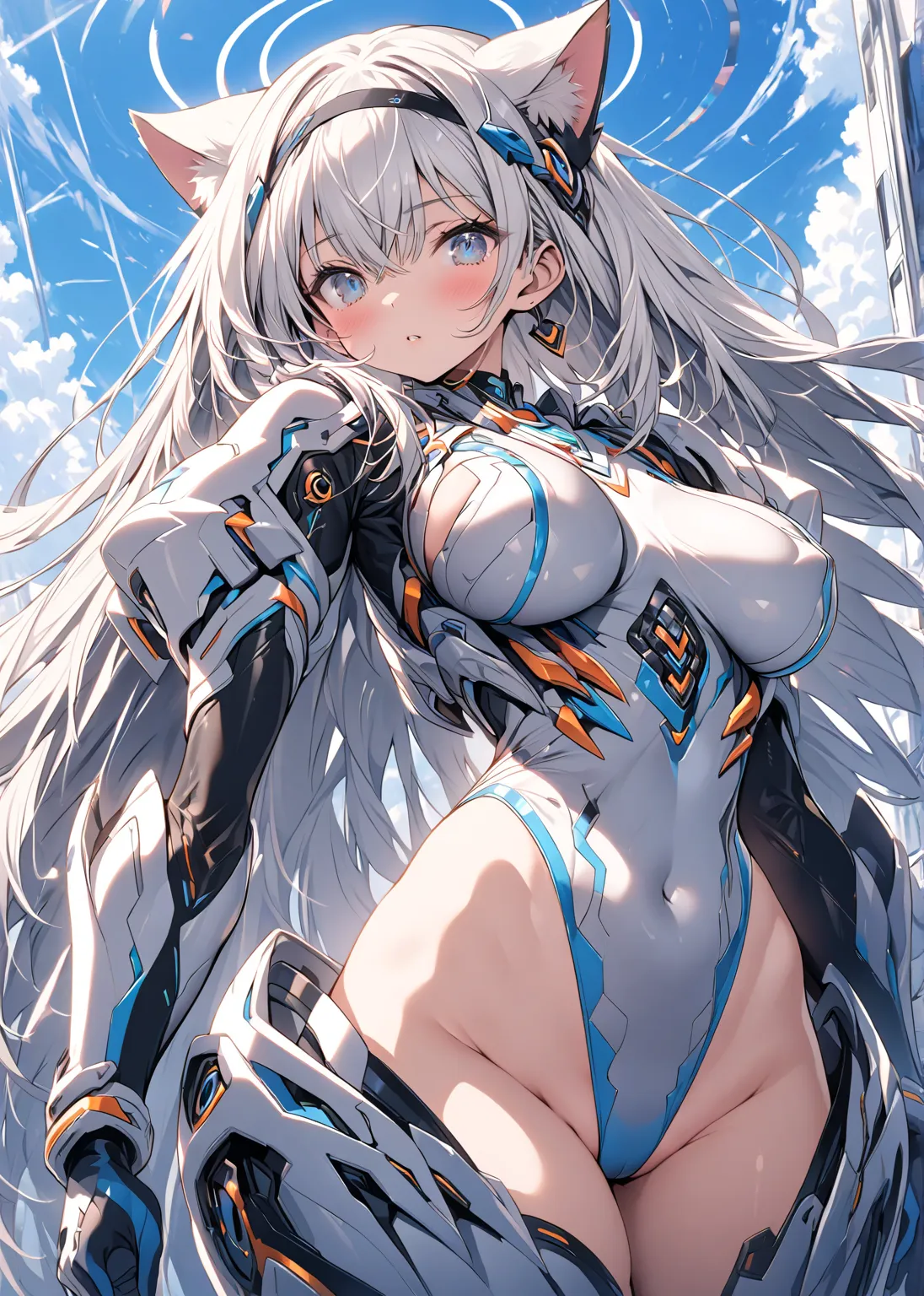 white hair　medium hair　straight hair　sky blue and light pink futuristic suit　　Groin　leotard　big breasts　blue eyes　solo　cat ear headband